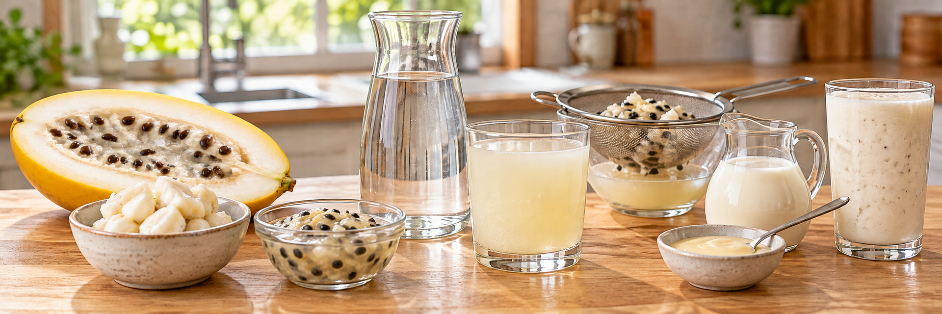 Ripe barbadine with white flesh, seeded pulp, water, milk and prepared drinks on a kitchen counter.