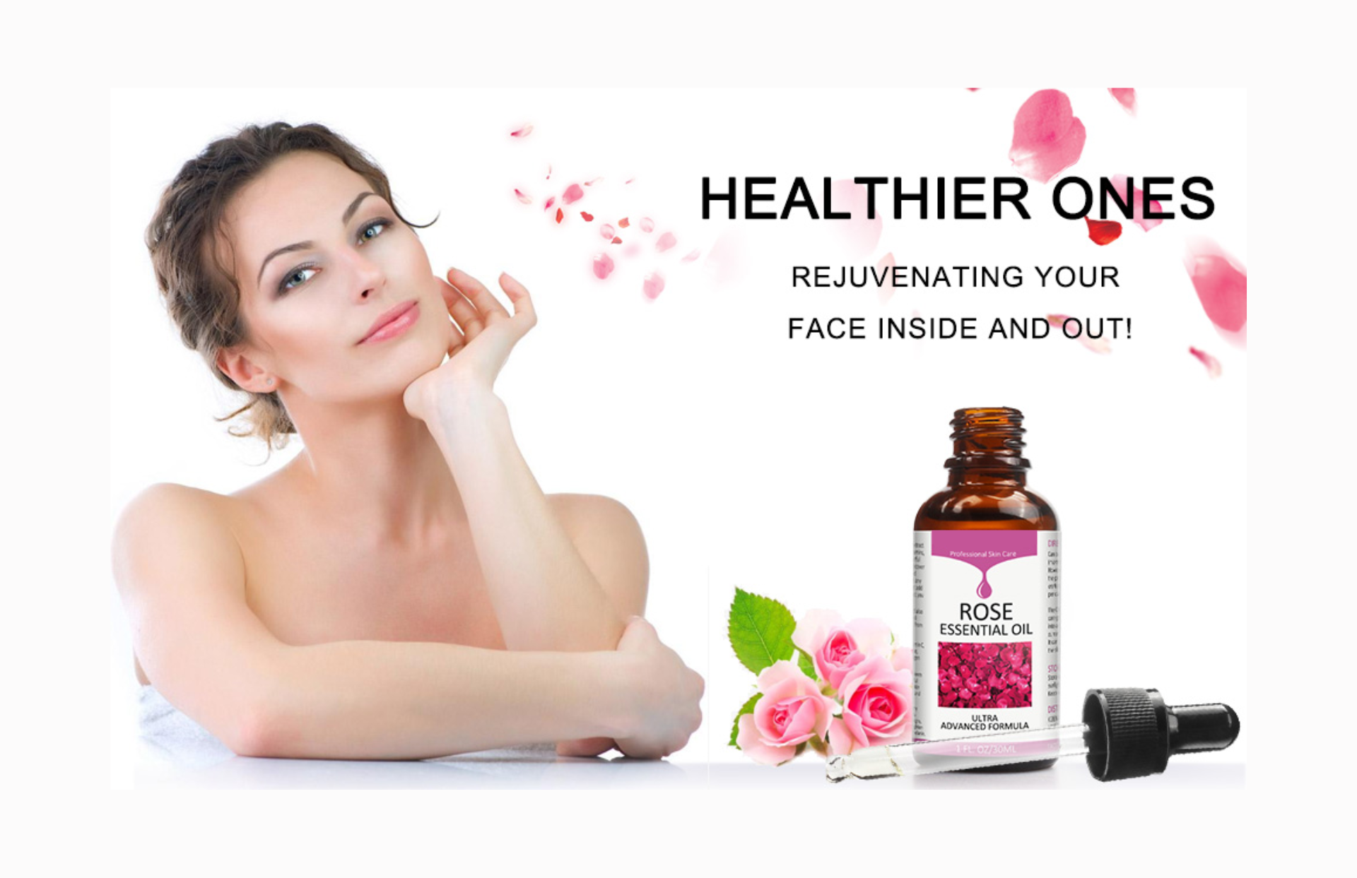Skincare ad with woman, pink flowers, and bottle labeled “HEALTHIER ONES” for face rejuvenation syrup