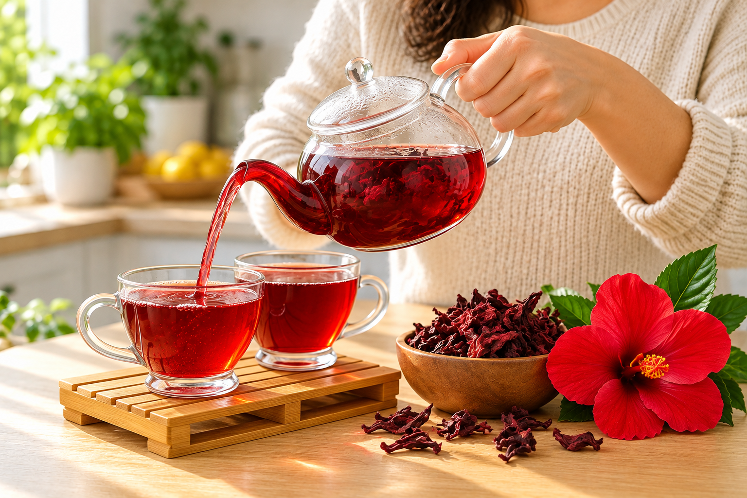 Pouring hibiscus tea from a glass teapot
