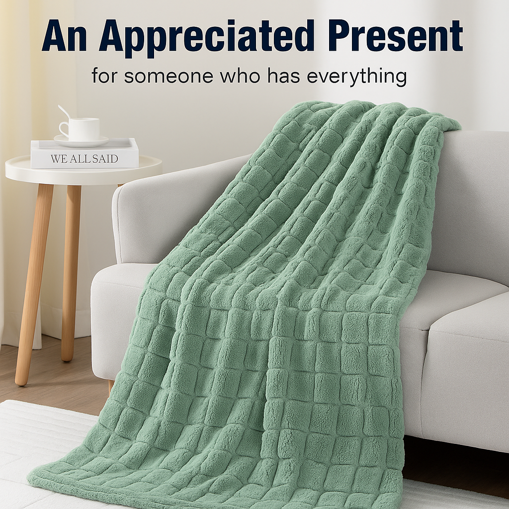 Green textured throw blanket draped over a white sofa beside a side table with the text “An Appreciated Present”