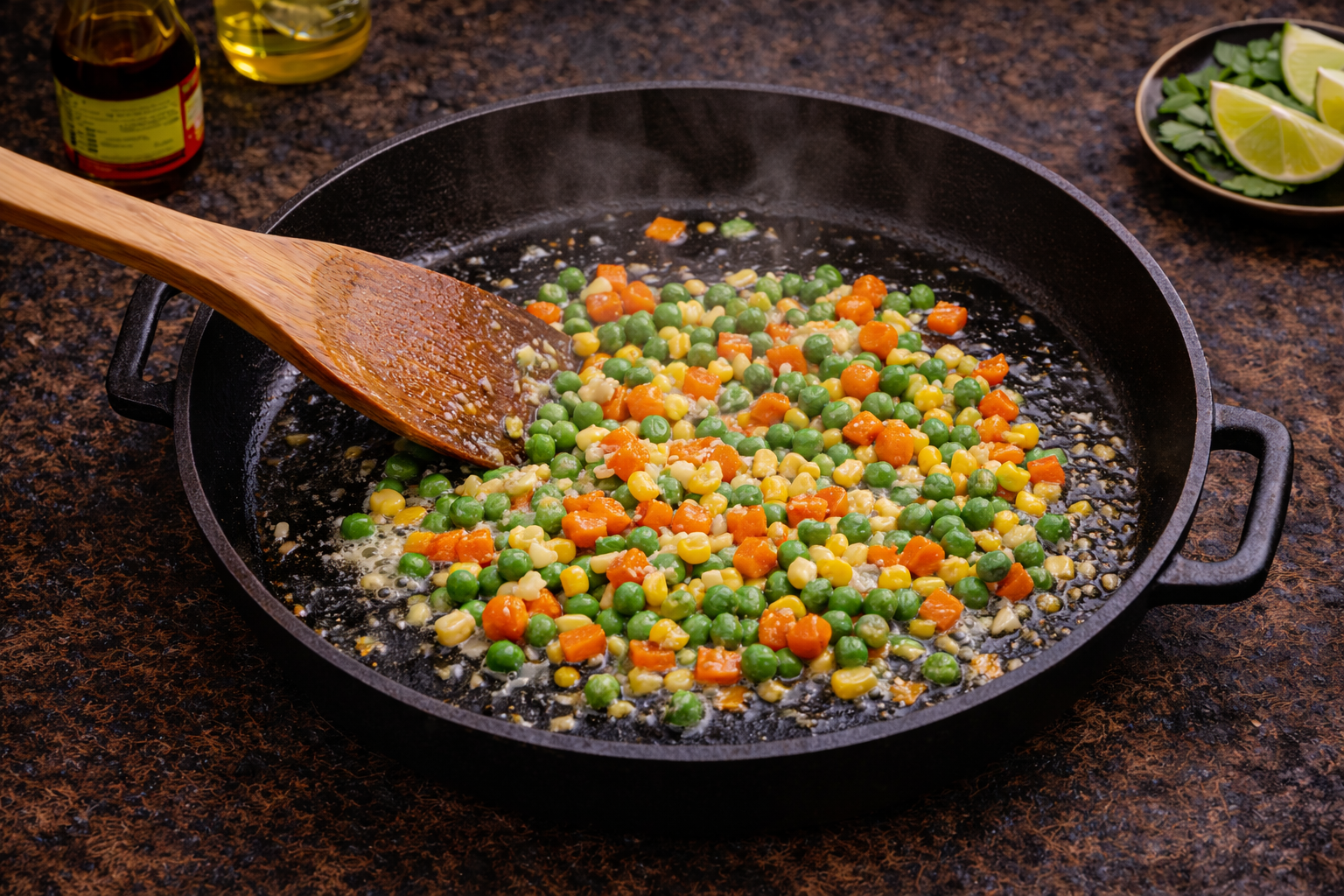 Vegetables sizzling in a black skillet with a wooden spoon on a countertop