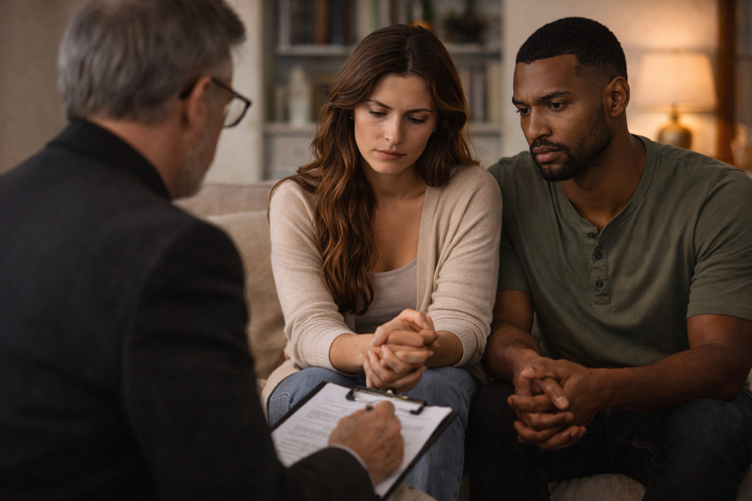 Three people in a counseling session, seated closely and listening attentively.