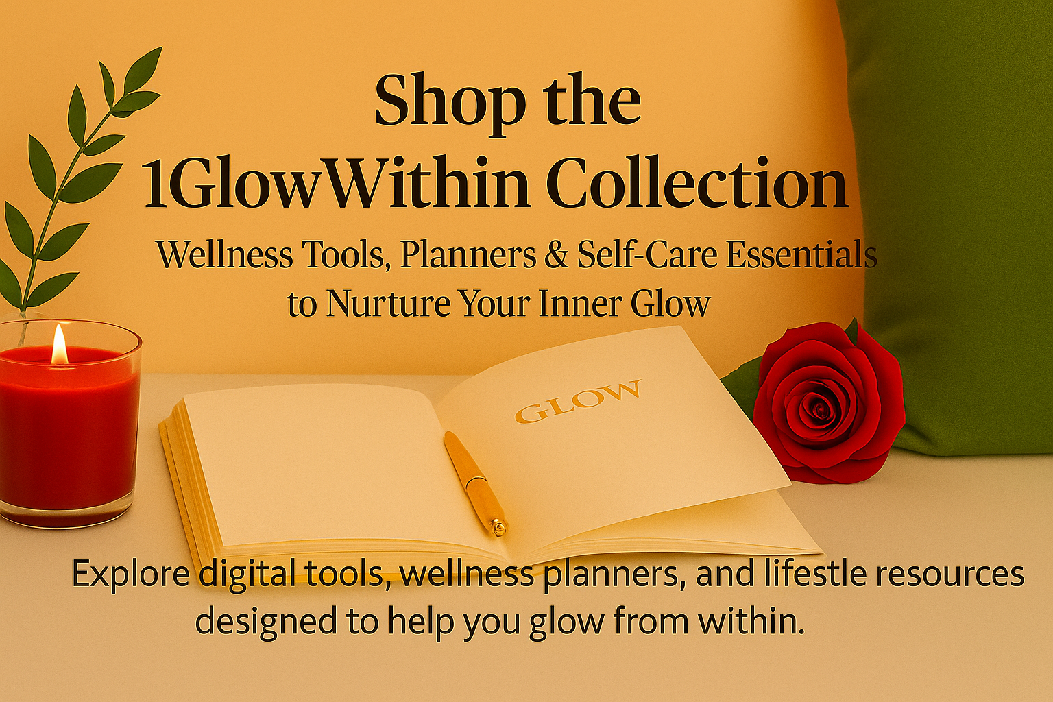 Promotional banner for 1GlowWithin wellness tools and planners on a warm gold background with candle and rose