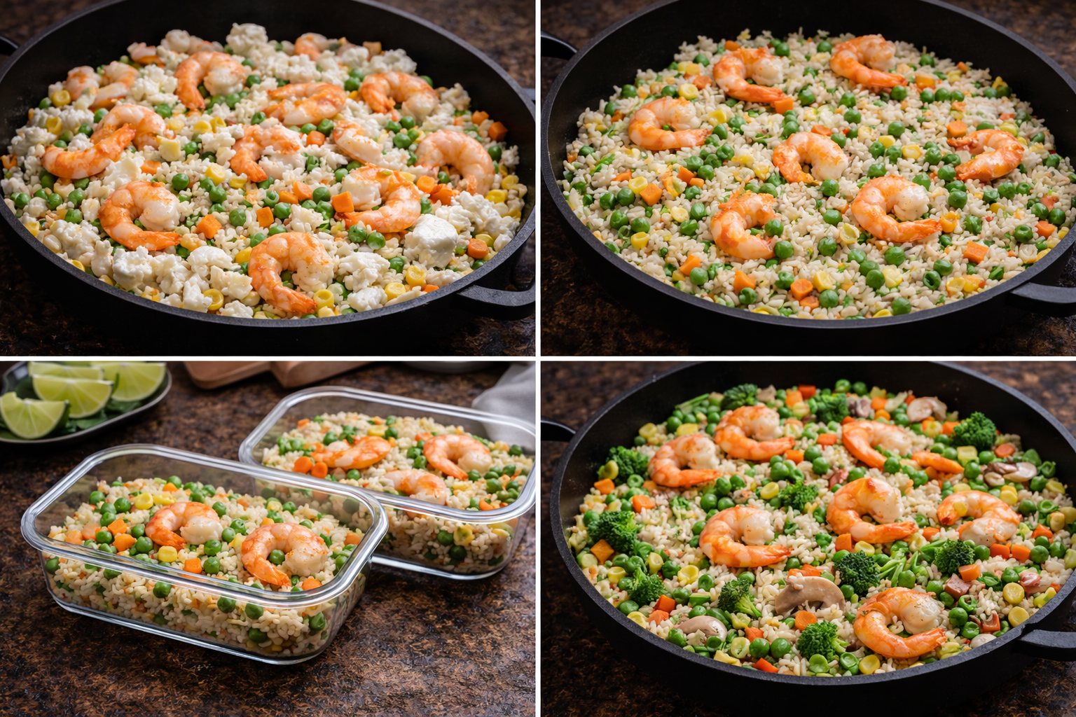 Collage of shrimp and vegetable rice in black pans and glass dishes on a dark countertop