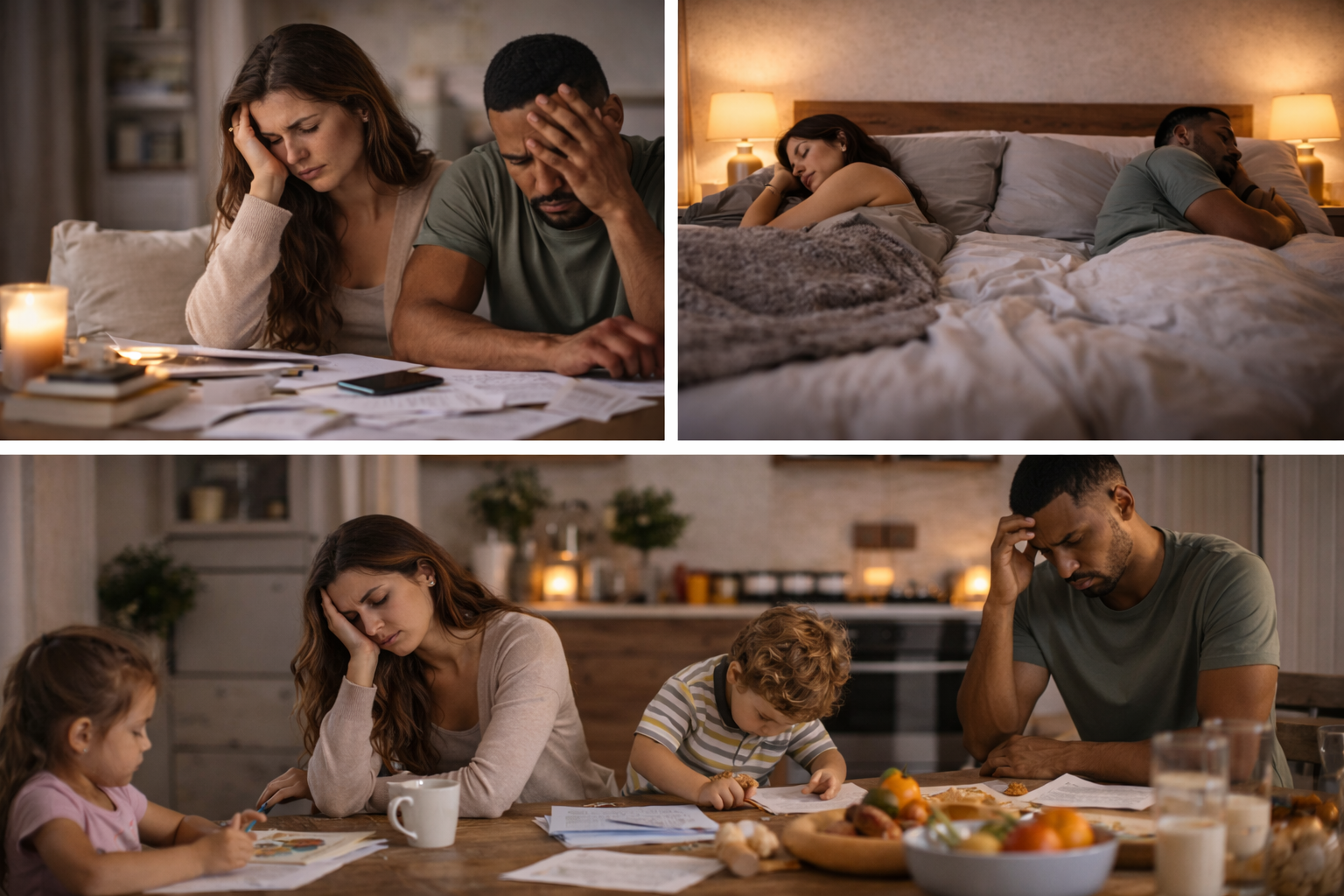 Family stressed over paperwork, then resting together in bed and sharing breakfast at a kitchen table.