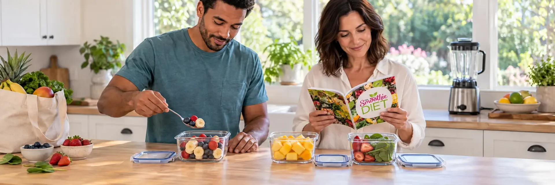 Couple prepping smoothie ingredients while reading The Smoothie Diet guide
