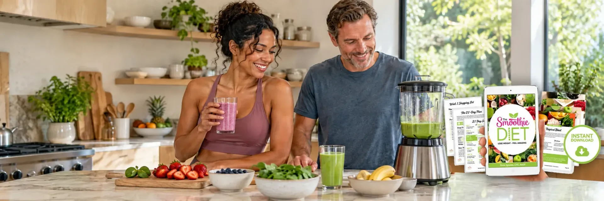 Couple making smoothies with The Smoothie Diet program on tablet