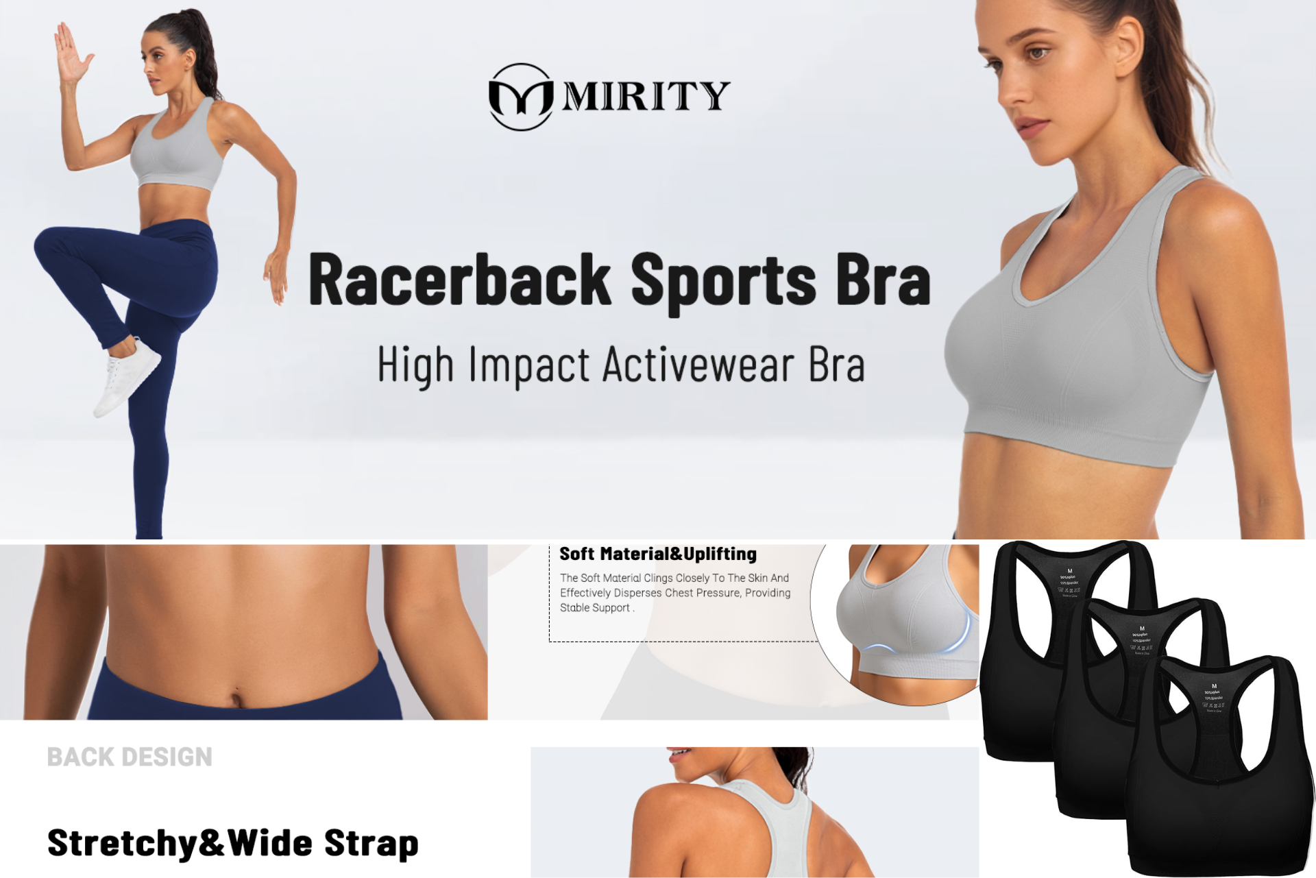 Mirity racerback sports bra ad with model photos and black, gray, and beige bras