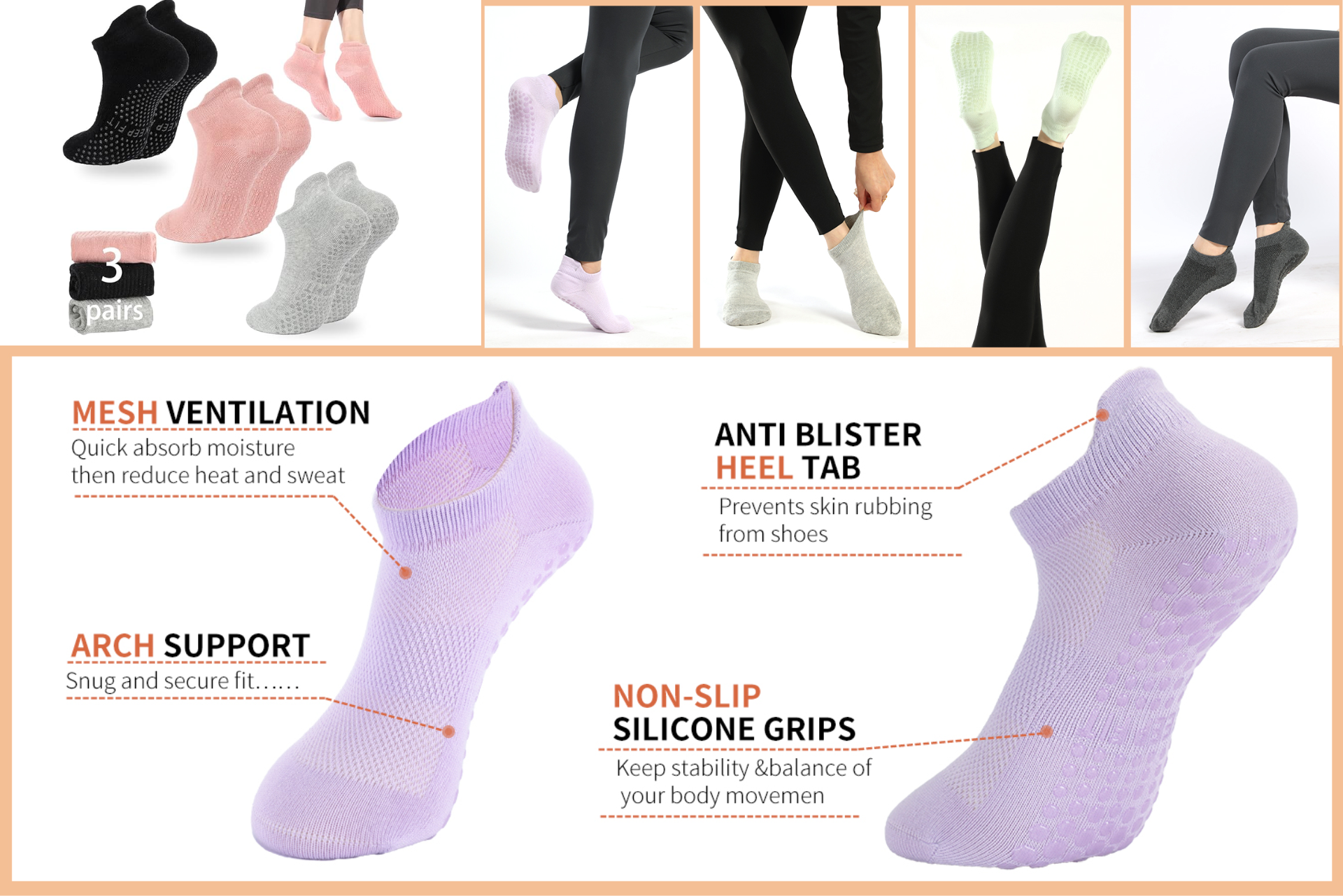 pastel ankle socks highlighting mesh ventilation, arch support, anti-blister heel tab, and silicone grips