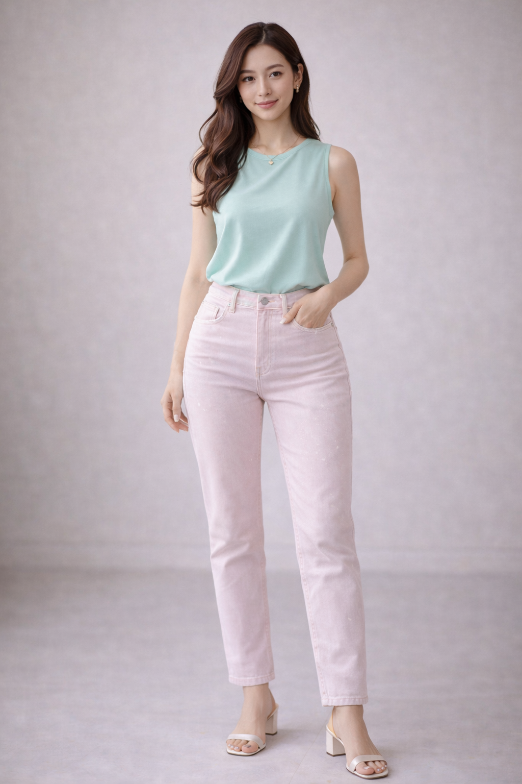 Woman standing in a mint top and light pink pants against a gray background