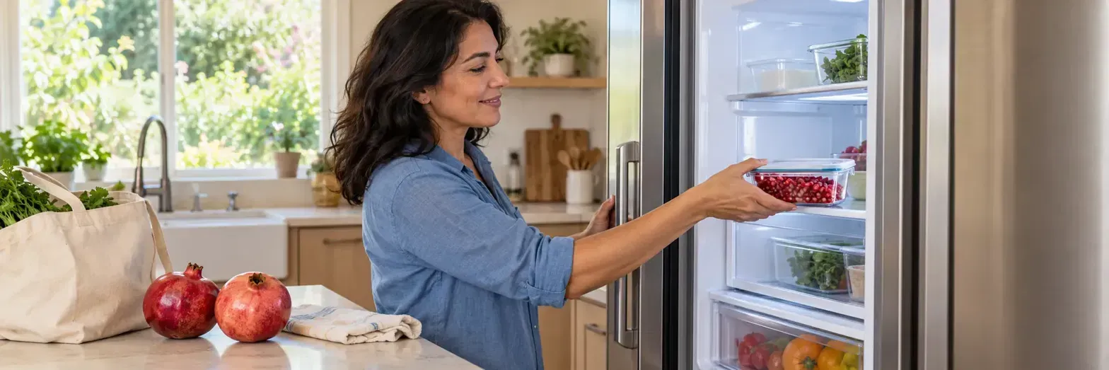Woman storing pomegranate seeds in the fridge in a glass container