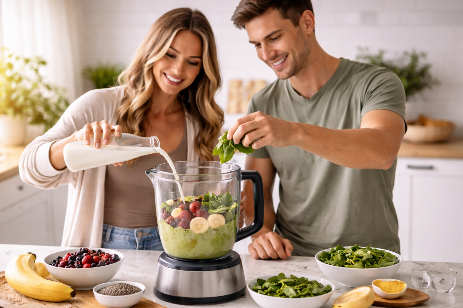 Couple preparing a fruit smoothie in a bright kitchen with blender and fresh ingredients