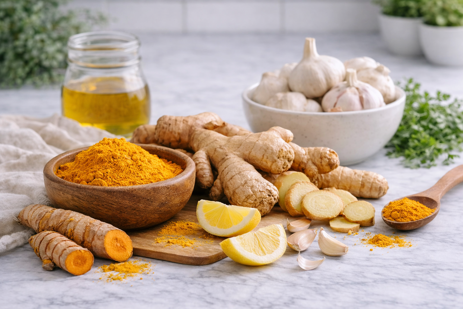 Turmeric roots, powder, sliced lemon, garlic, and honey on a bright kitchen counter