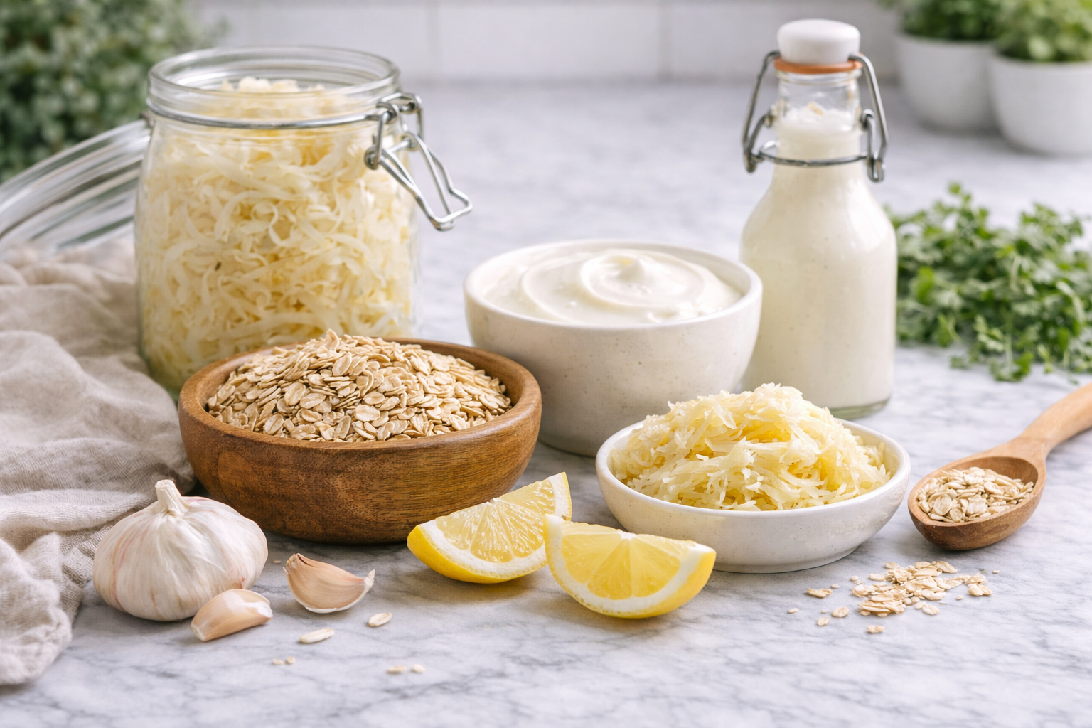Assorted dairy and pasta ingredients on a marble counter: cheese, yogurt, milk, oats, garlic, and lemon.
