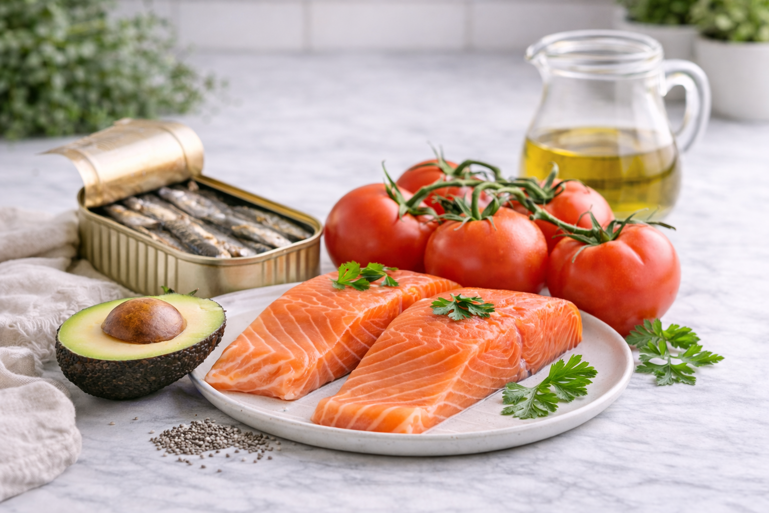 Fresh salmon fillets, avocado, tomatoes, olive oil, and sardines arranged on a kitchen counter