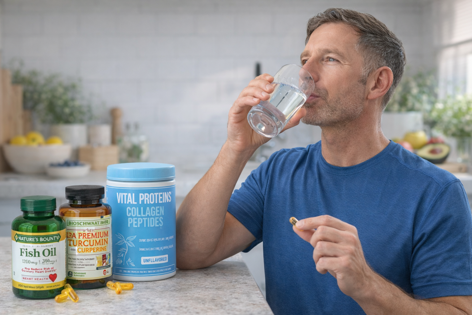 Man in blue shirt drinking water beside supplement bottles and vitamin powder on a kitchen counter