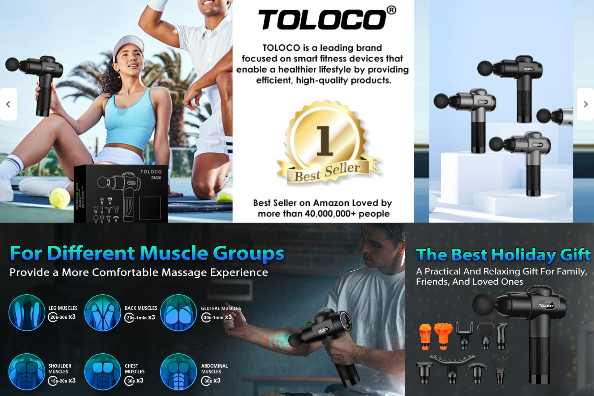 TOLOCO massage gun ad with people using it, blue-black design, and holiday gift promo text
