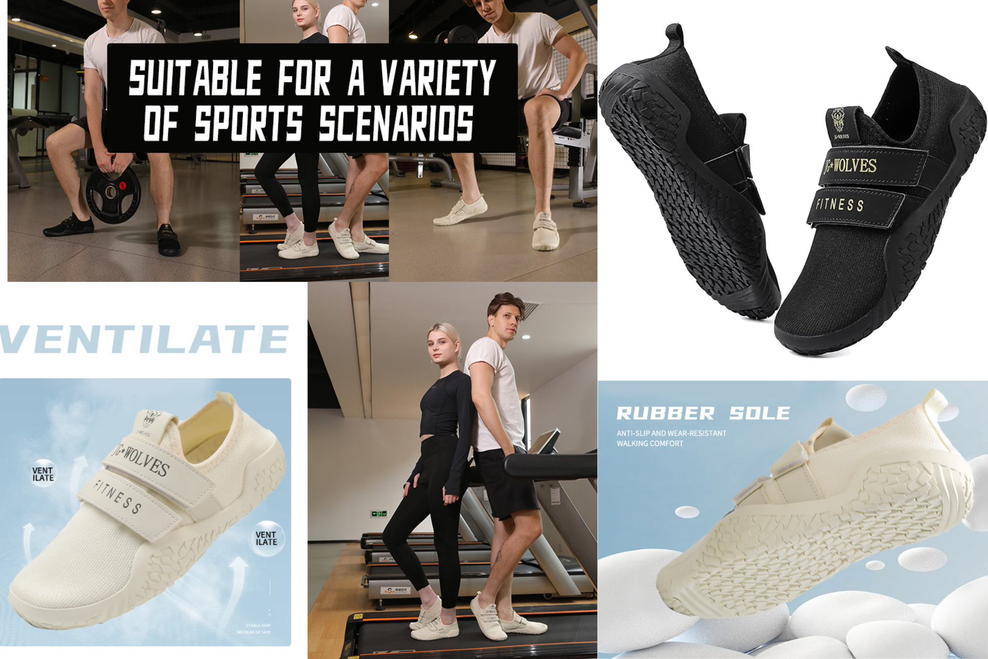 Collage advertising breathable slip-on sports shoes in black, white, and beige, with people walking indoors.