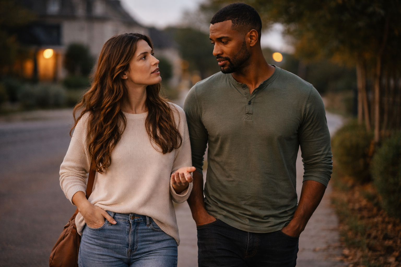Two people walking and talking outdoors at dusk on a tree-lined path.