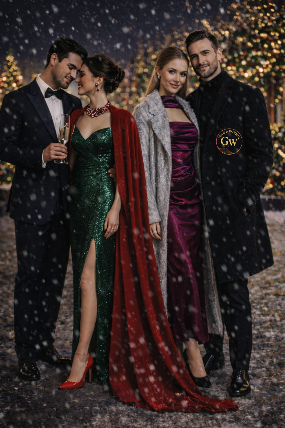 Four formally dressed people posing outdoors with confetti falling around them at night