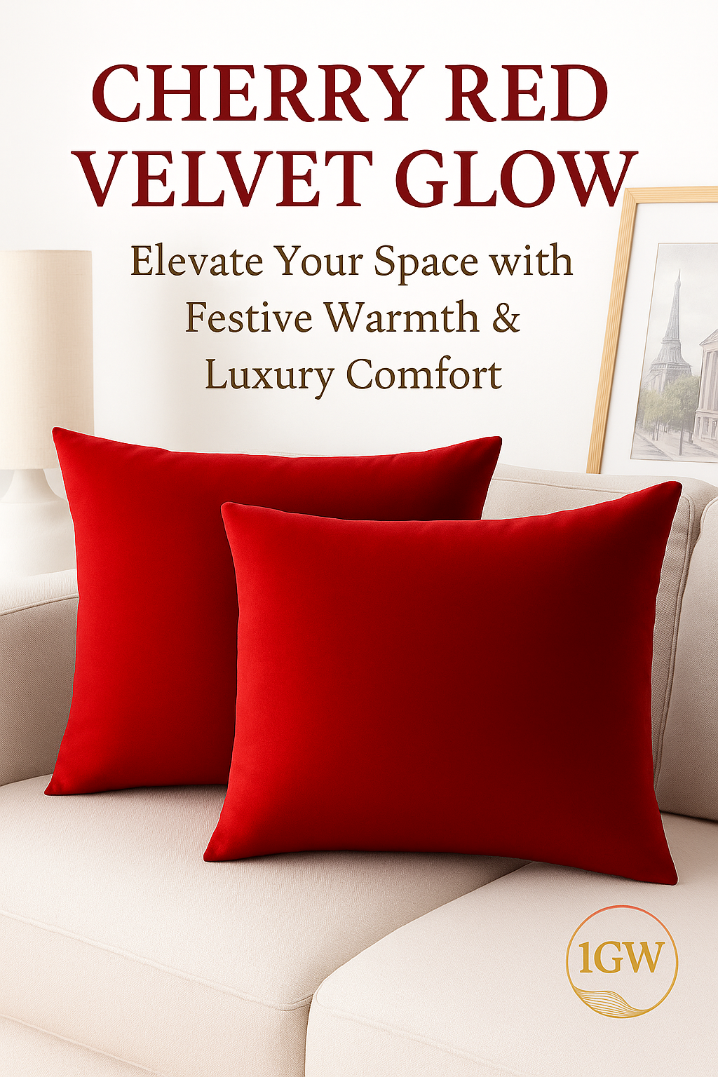 Cherry red velvet throw pillows on a cream sofa with text promoting festive warmth and luxury comfort