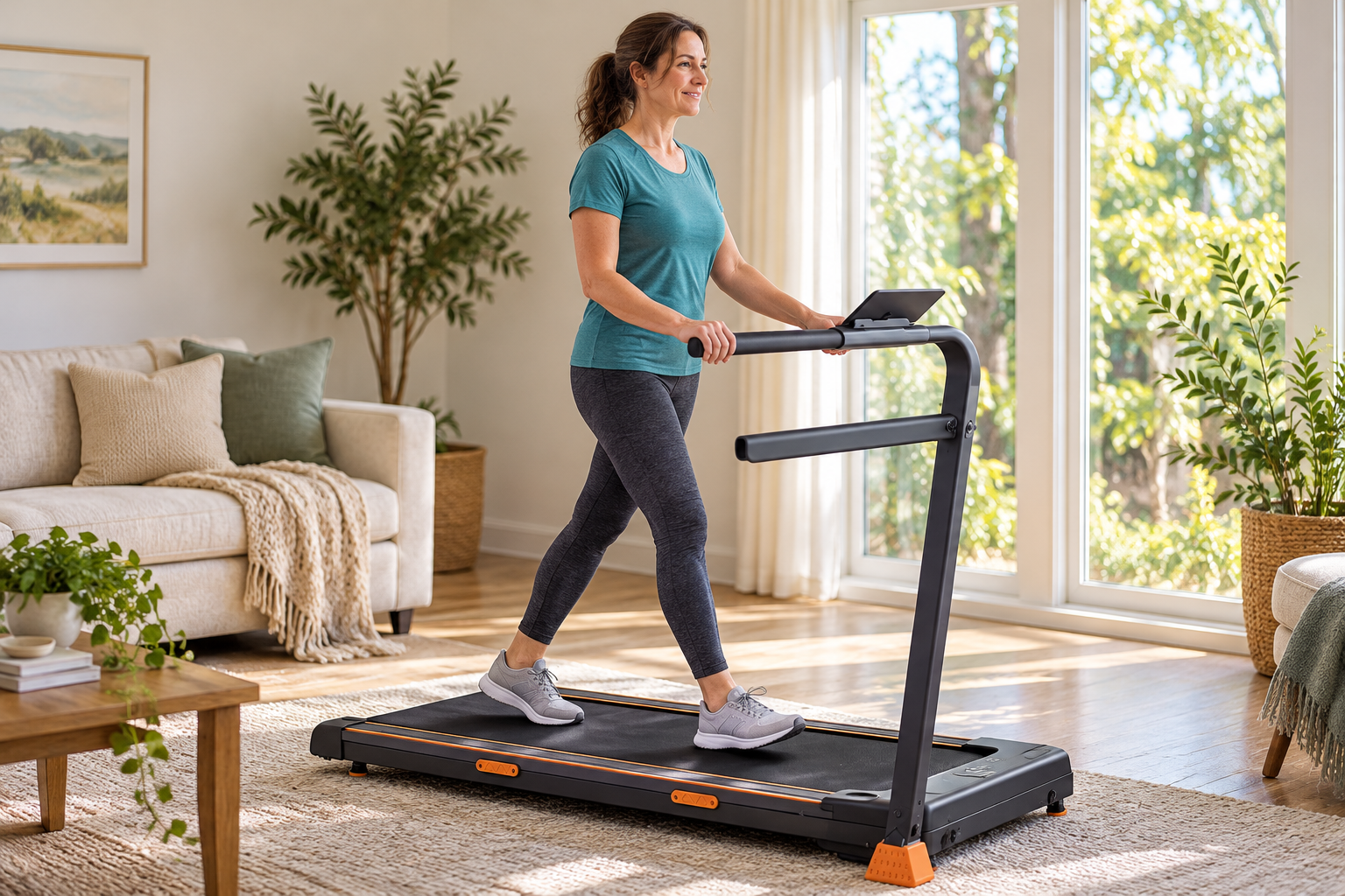 Woman walking on an under-desk treadmill