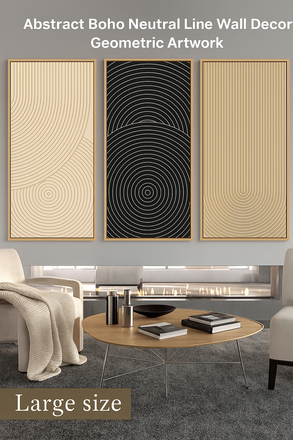 Boho neutral geometric wall art prints above a modern living room sofa and coffee table