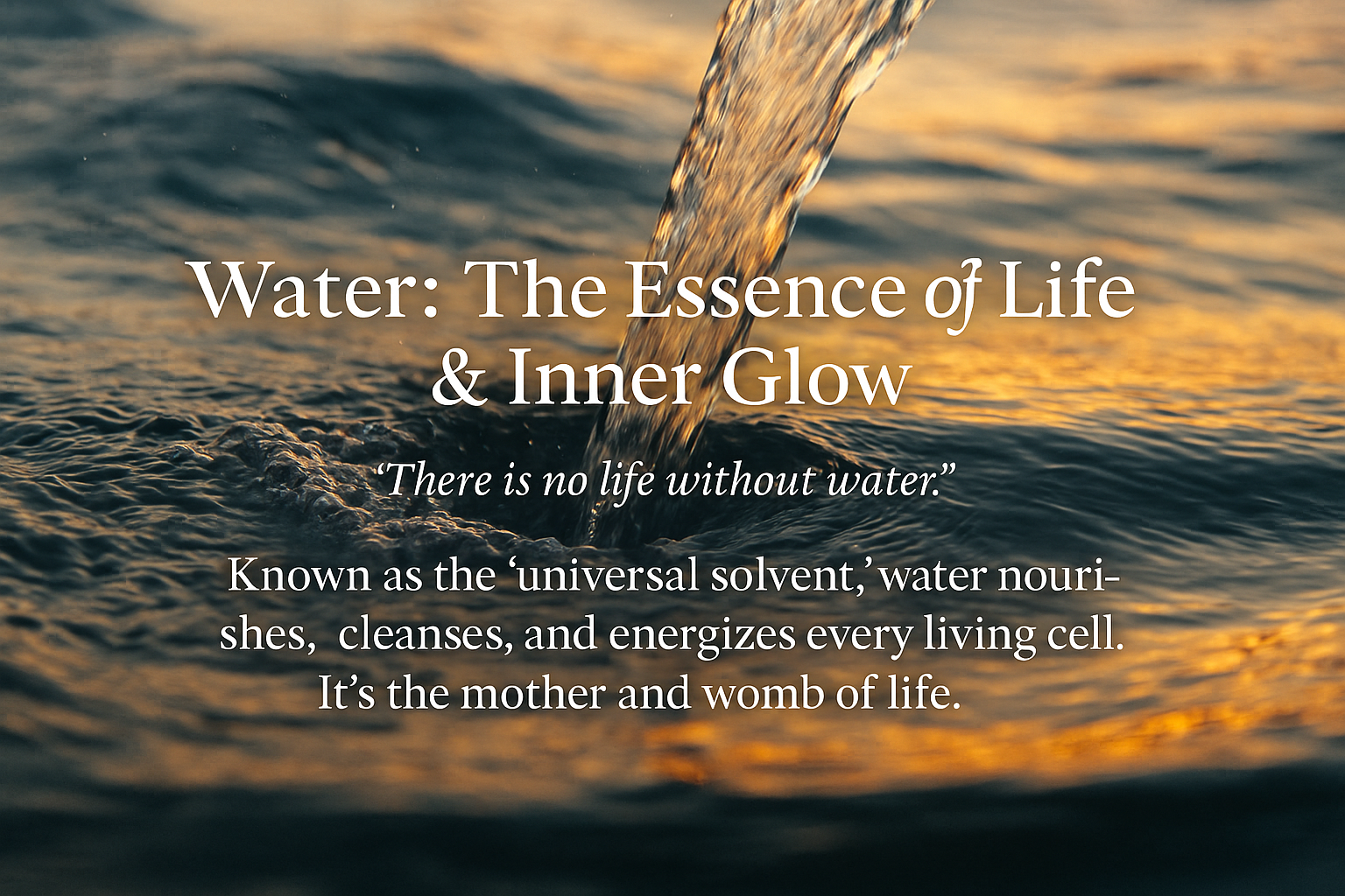 Sunlit water ripples with overlaid text: “Water: The Essence of Life & Inner Glow.”