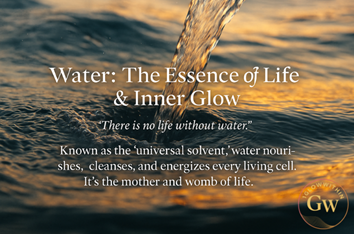 Water pouring into a body of water with text emphasizing its importance to life.