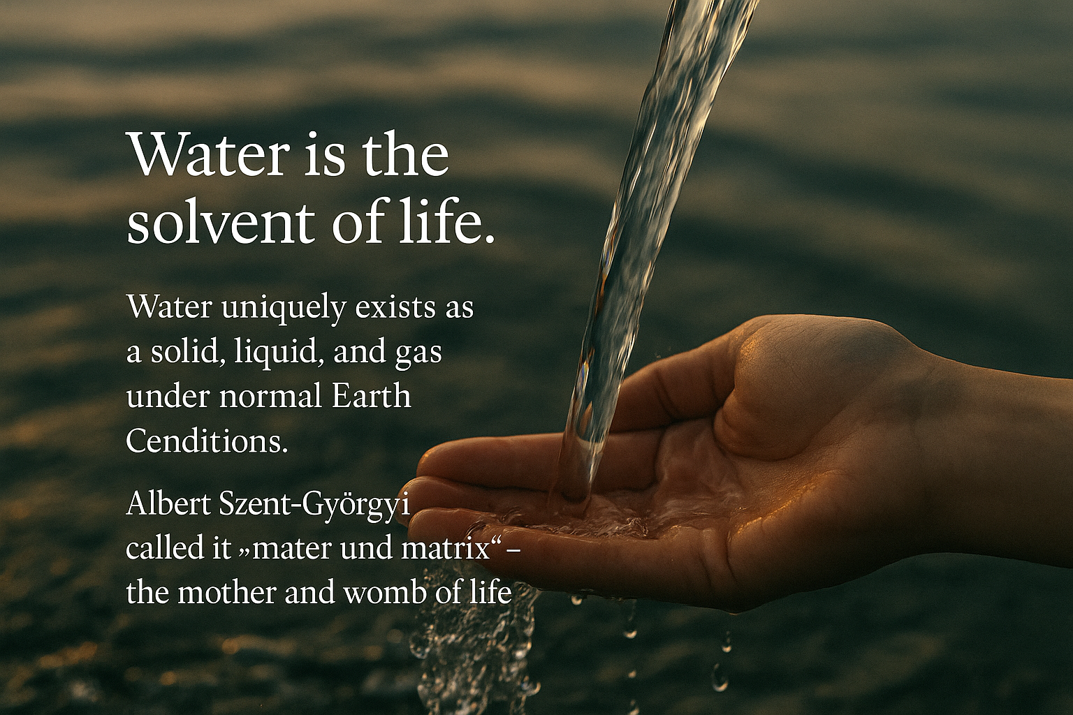 A hand under a stream of water, with text: 