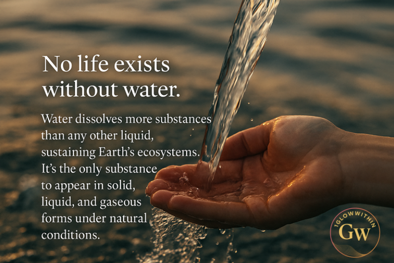 Hand catching water; text emphasizes water's importance for life and its unique states.