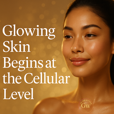 Woman’s face beside text: “Glowing Skin Begins at the Cellular Level” on a warm gold background