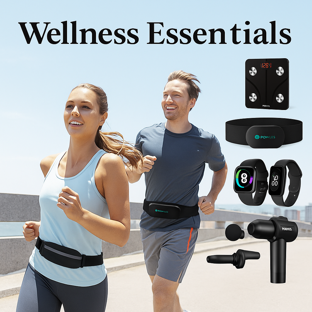 Wellness Essentials ad with runners and fitness gadgets on a light blue background