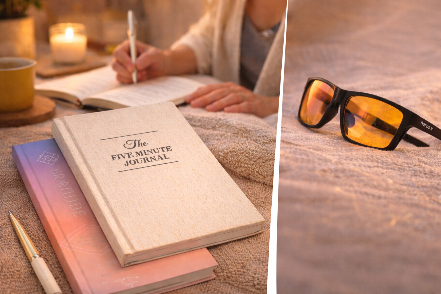 Notebook and pencil on a desk beside hands writing, with amber eyeglasses nearby