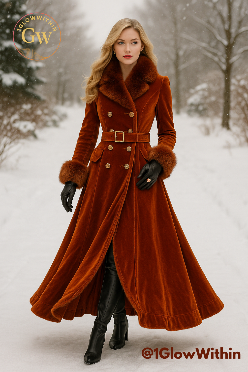 Woman in a rust-red belted coat and black gloves walking on a snowy tree-lined path