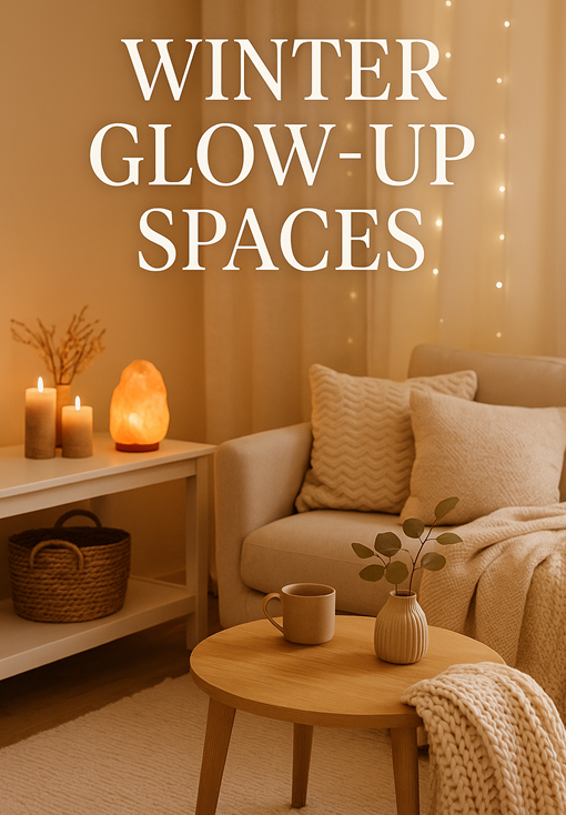 Cozy beige living room with candles, lamp, chair, side table, and “WINTER GLOW-UP SPACES” text