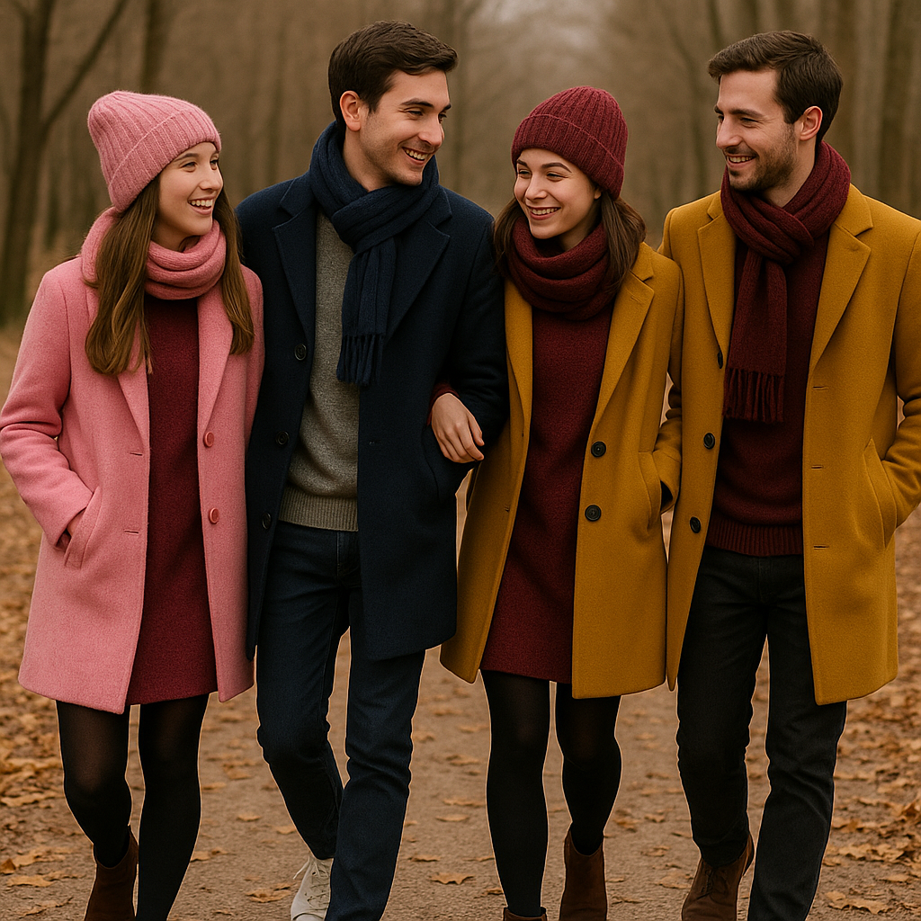 Four friends in colorful coats and knit hats walking together outdoors, smiling at each other.