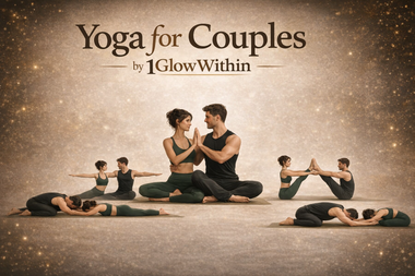 Yoga for Couples poster showing paired yoga poses on a warm beige background with the text “1GlowWithin”