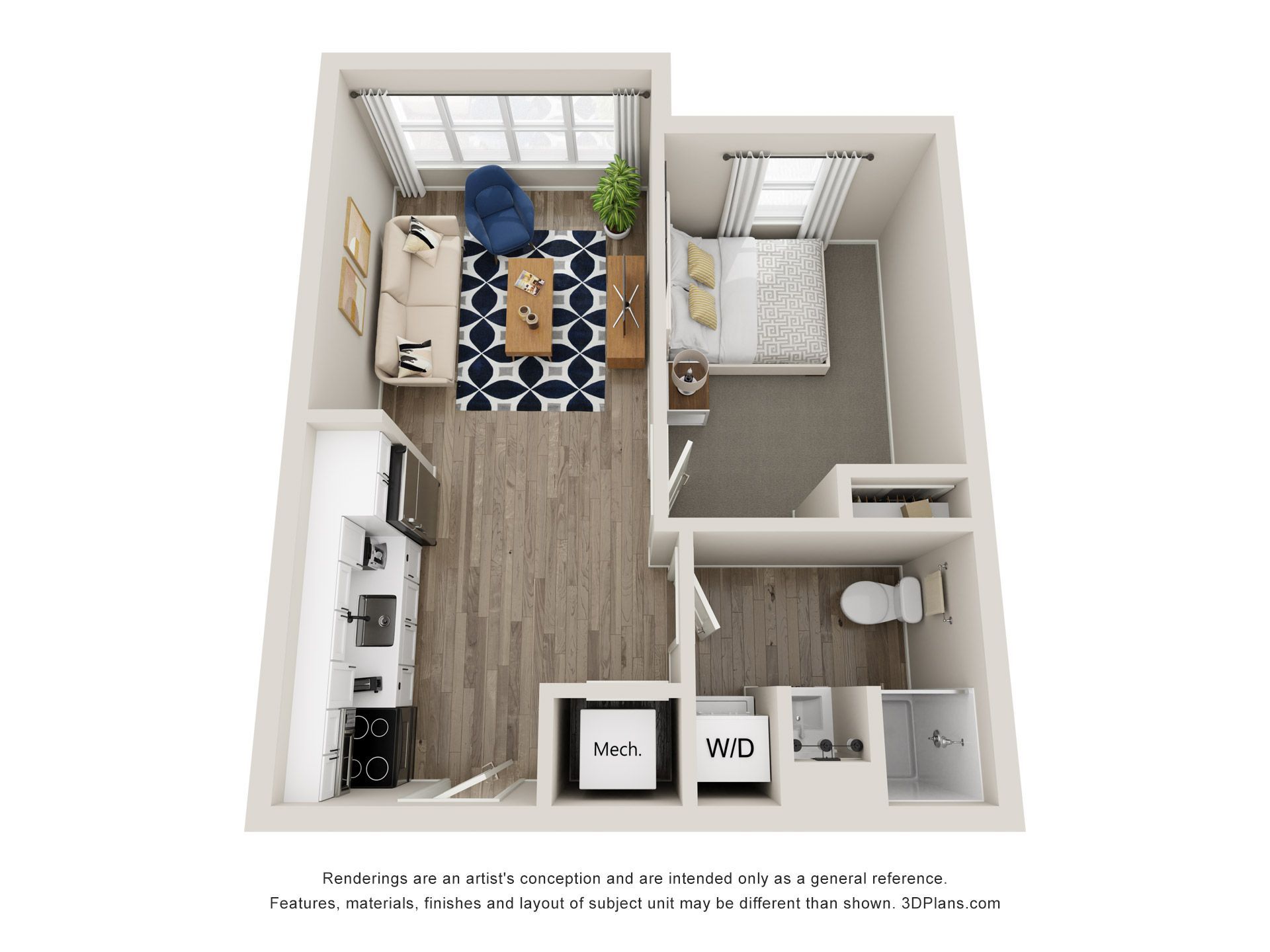 Unit E 1-bedroom floorplan