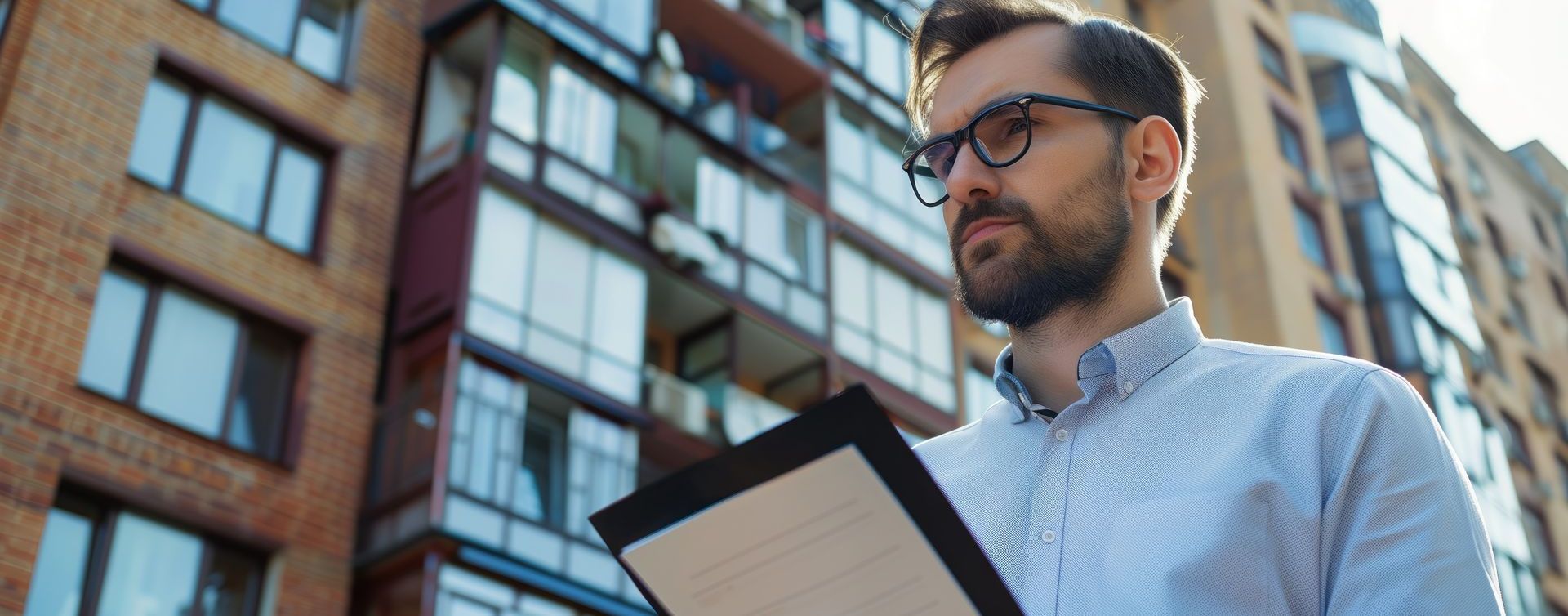 Un homme portant des lunettes regarde un document devant un bâtiment.