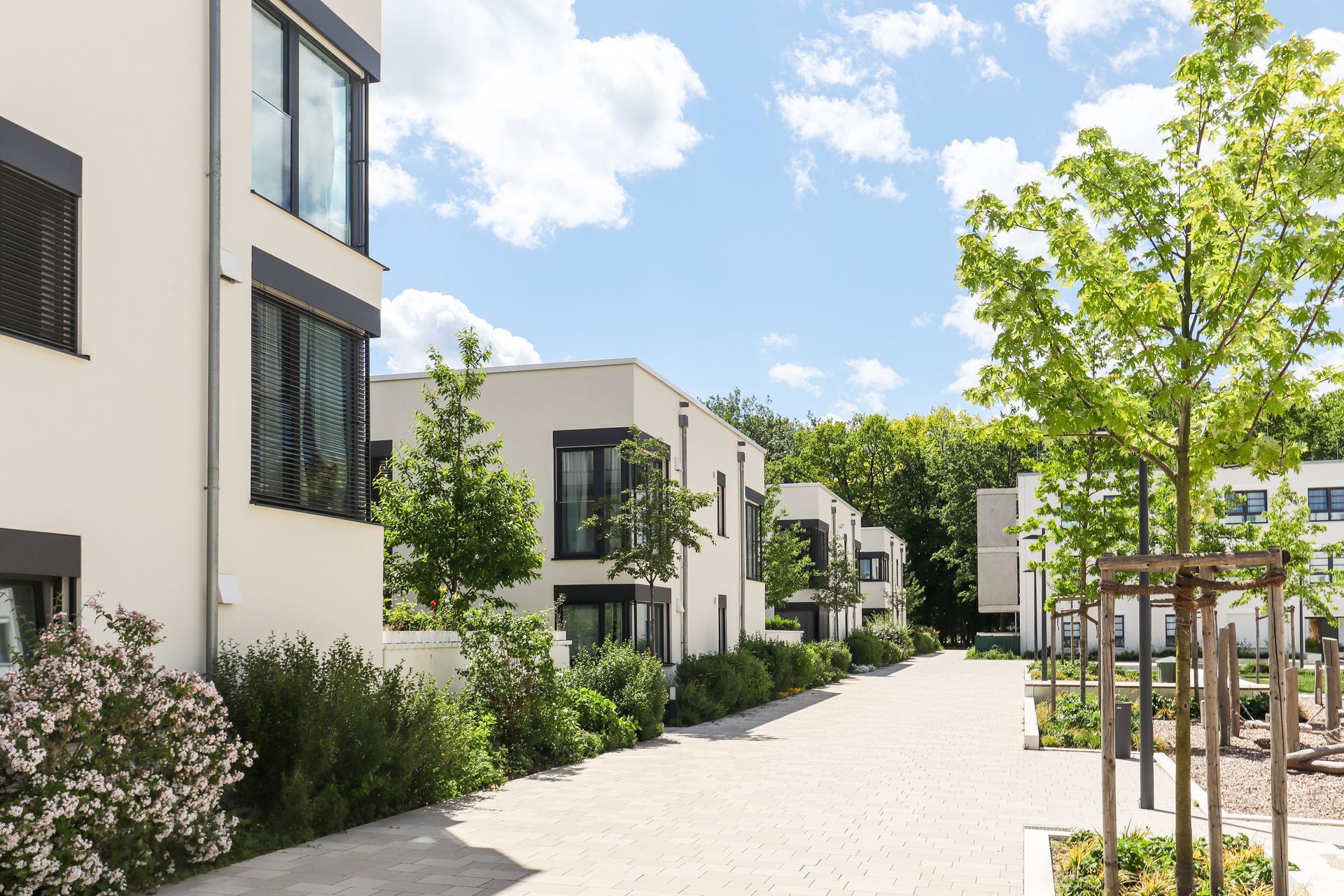 Maisons de ville blanches et modernes dans une rue ensoleillée, arbres verts et ciel bleu nuageux.