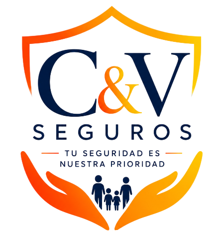 C&V Seguros logo with orange shield, blue lettering, and tagline “Tu seguridad es nuestra prioridad”