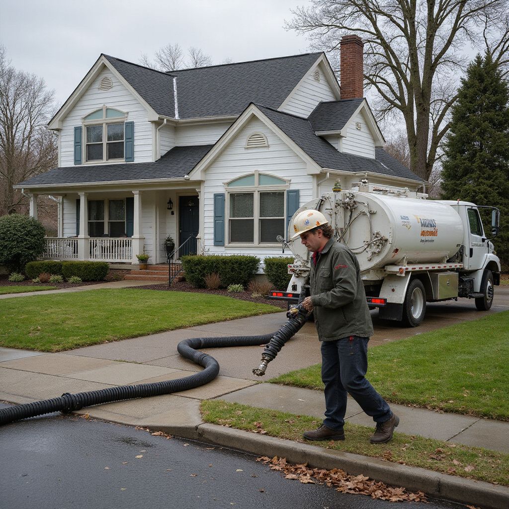Man with hose near white house, septic tank truck parked on street.