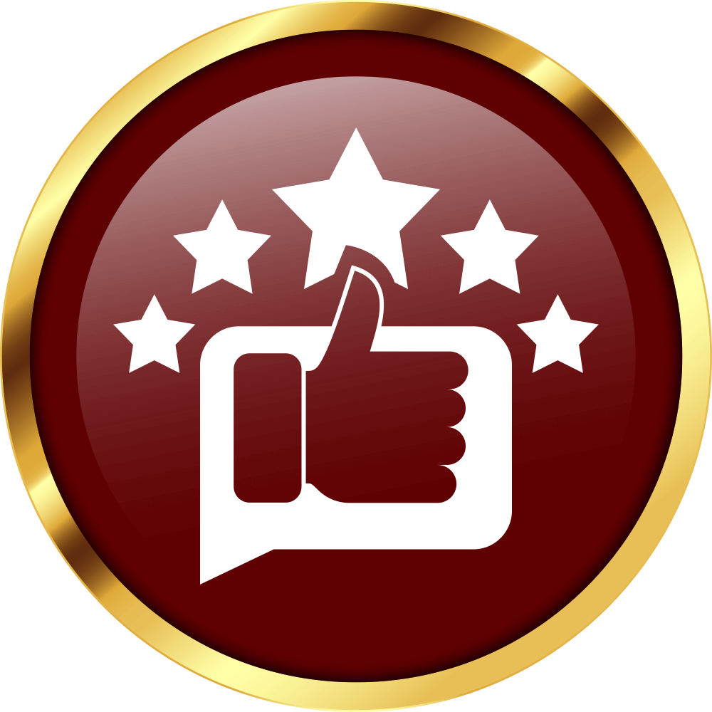 Red award badge with a white thumbs-up and stars inside a gold-rimmed circle