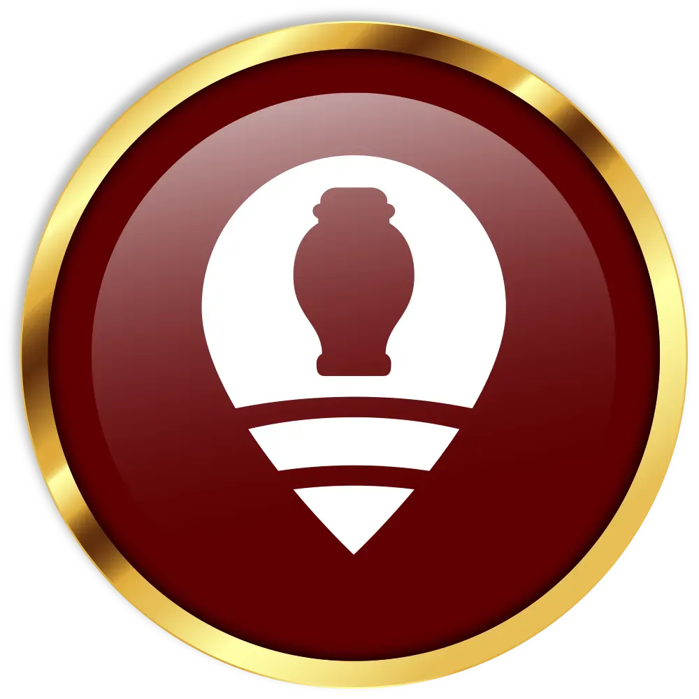 Gold-rimmed red circular logo with a white map pin containing a vase silhouette