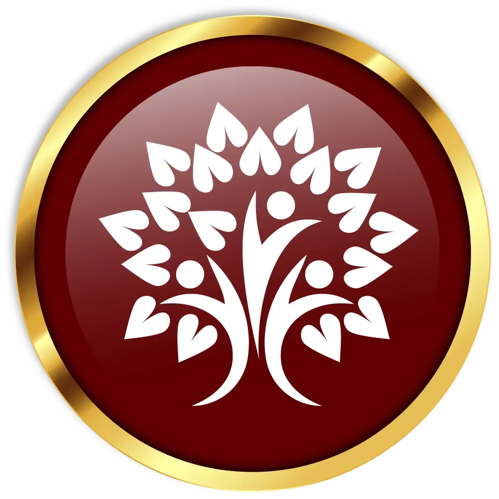 White tree emblem on a maroon circle with a gold border
