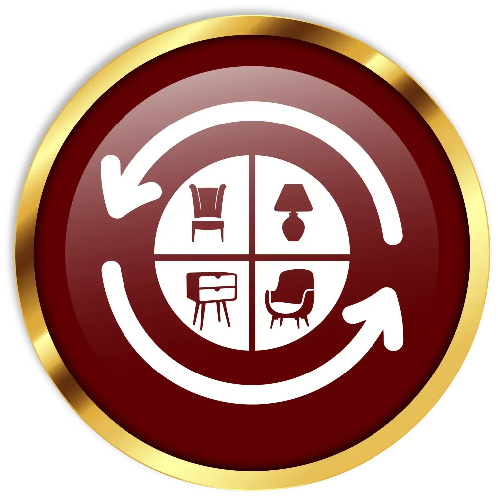 Maroon circular icon with white recycling arrows around four furniture symbols on a gold rim
