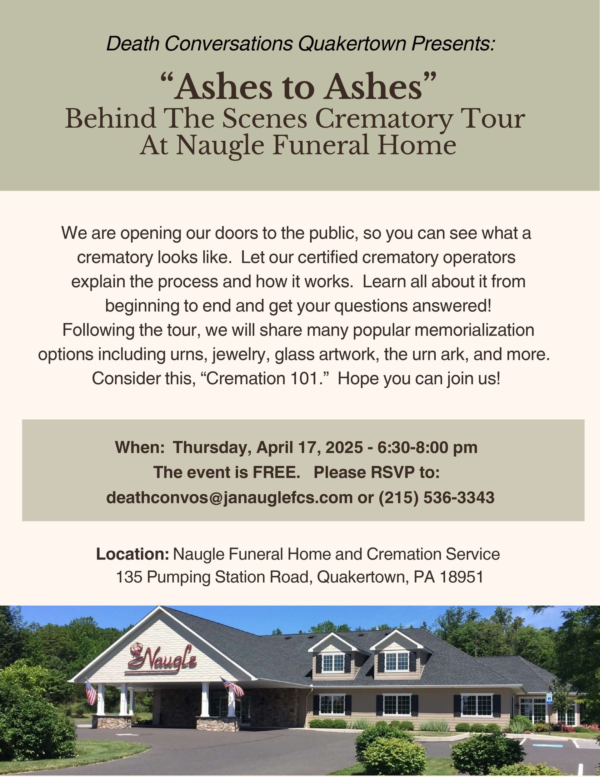 Poster for “Ashes to Ashes” behind-the-scenes cemetery tour at Nangle Funeral Home, with house photo at bottom