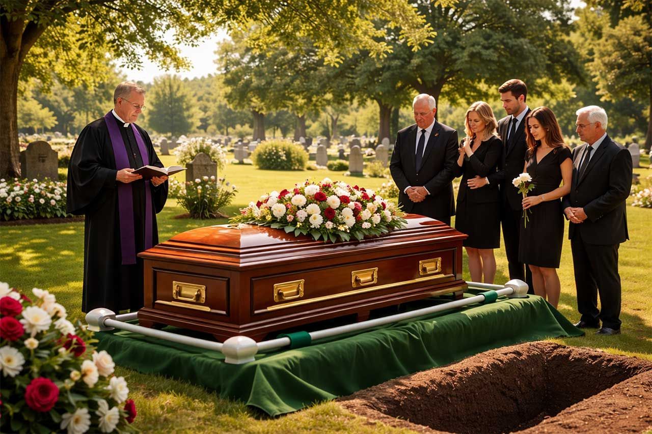 Burial Service In A Peaceful Cemetery With Family Gathering Around Casket