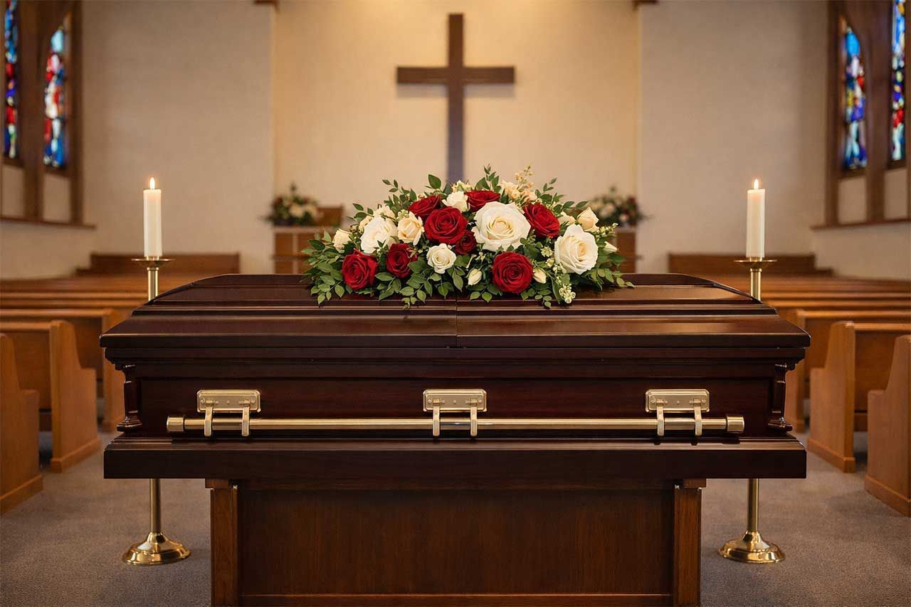 Casket with Floral Arrangement Displayed At The Front Of A Church Sanctuary
